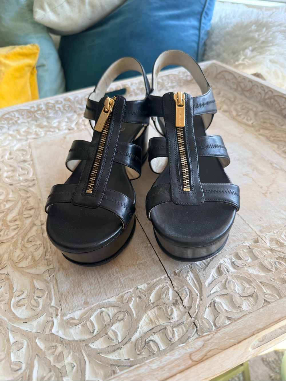 Michael Kors Black Leather Platform Sandals with Gold Zipper